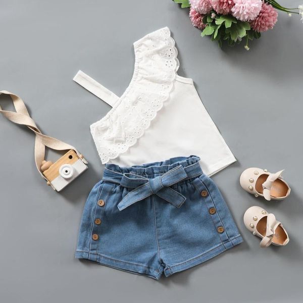clothing sets children's two-piece baby set toddler kids girls one-shoulder strap sleeveless lace denimshorts suit outfits, White
clothing sets children's two-piece baby set toddler kids girls one-shoulder strap sleeveless lace denimshorts suit outfits, White
