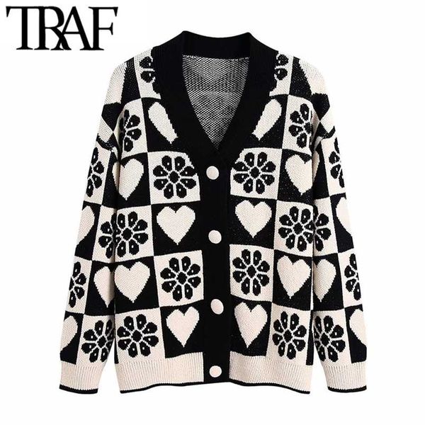 traf women fashion jacquard loose knit cardigan sweater vintage long sleeve covered buttons female outerwear chic 211215, White;black
traf women fashion jacquard loose knit cardigan sweater vintage long sleeve covered buttons female outerwear chic 211215, White;black
