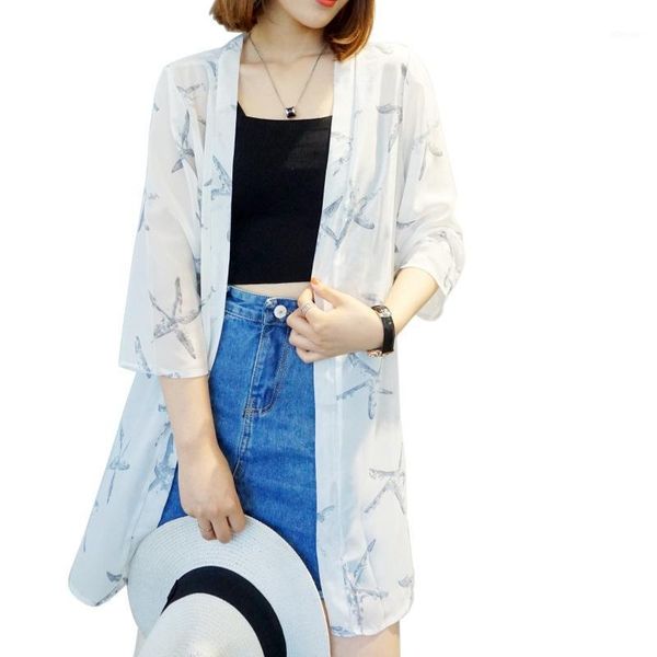 women' s printed veil for sun protection, fashion loose comfort half sleeve chiffon women's swimwear, White;black
women' s printed veil for sun protection, fashion loose comfort half sleeve chiffon women's swimwear, White;black