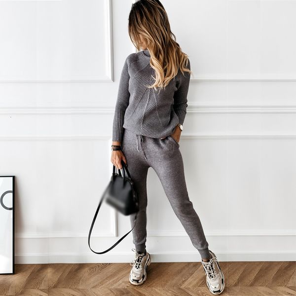 autumn winter tyhru women's tracksuit solid color striped turtleneck sweater and elastic trousers suits knitted two piec t7rg, Gray 
autumn winter tyhru women's tracksuit solid color striped turtleneck sweater and elastic trousers suits knitted two piec t7rg, Gray