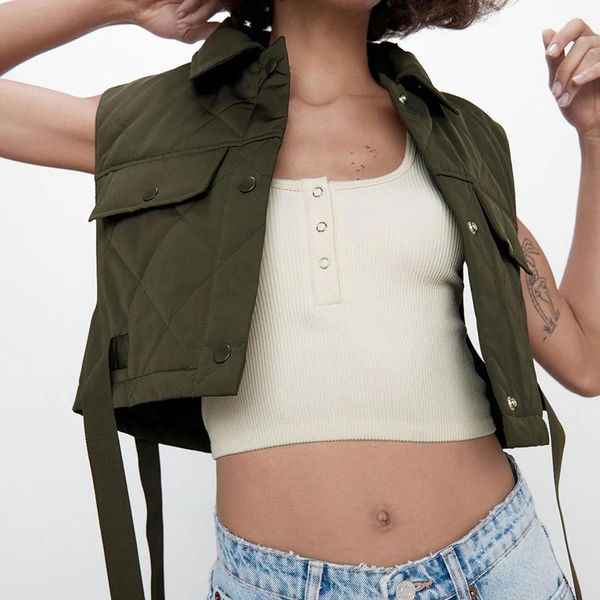 women's vests chic green pocekts quilting cropped women 2021 fashion side buttons tie turn-down collar waistcoat, Black;white
women's vests chic green pocekts quilting cropped women 2021 fashion side buttons tie turn-down collar waistcoat, Black;white