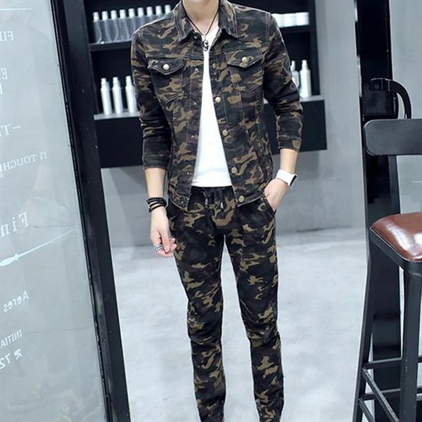 men's tracksuits men 's denim suit spring and autumn korean style youth long sleeve camouflage slim fit two - piece, Gray 
men's tracksuits men 's denim suit spring and autumn korean style youth long sleeve camouflage slim fit two - piece, Gray