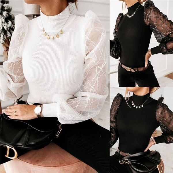 women turtleneck long puff sleeve pullover shirt blouse jumper ribbed shirt mesh see through sequined lace slim blouses, White
women turtleneck long puff sleeve pullover shirt blouse jumper ribbed shirt mesh see through sequined lace slim blouses, White
