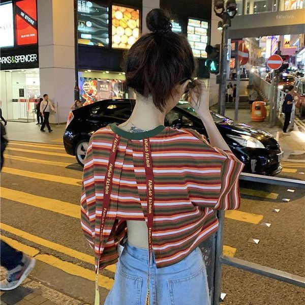 women's t-shirt net red summer ins super fire short sleeve 2021 ribbon open back stripe high waist navel fashion, White
women's t-shirt net red summer ins super fire short sleeve 2021 ribbon open back stripe high waist navel fashion, White