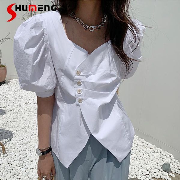 women's blouses & shirts 2021 summer korean chic neckline side small breasted pleated design women irregular puff sleeve shirt fashion, White
women's blouses & shirts 2021 summer korean chic neckline side small breasted pleated design women irregular puff sleeve shirt fashion, White