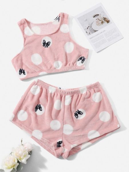 plus polka dot & dog pattern flannel pj set o68f#, Black;white