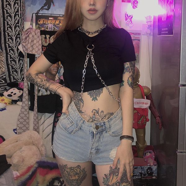 gothic punk black t-shirts crop women short sleeeve iron chain streetwear bandage solid black lady bodycon t-shirts, White
gothic punk black t-shirts crop women short sleeeve iron chain streetwear bandage solid black lady bodycon t-shirts, White