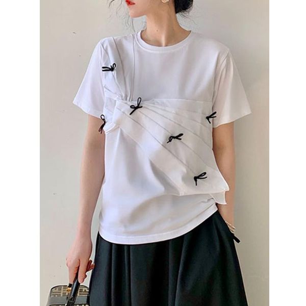 women's t-shirt round neck pleated contrast color bow summer fashion t-shirt2021 ladies personality wild, White
women's t-shirt round neck pleated contrast color bow summer fashion t-shirt2021 ladies personality wild, White