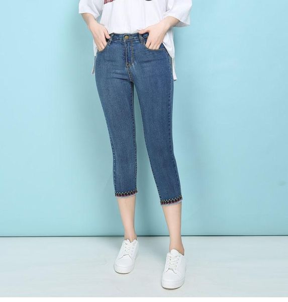 women's jeans oversized denim cropped trousers high waist elastic embroidery was thin and versatile slim women, Blue
women's jeans oversized denim cropped trousers high waist elastic embroidery was thin and versatile slim women, Blue