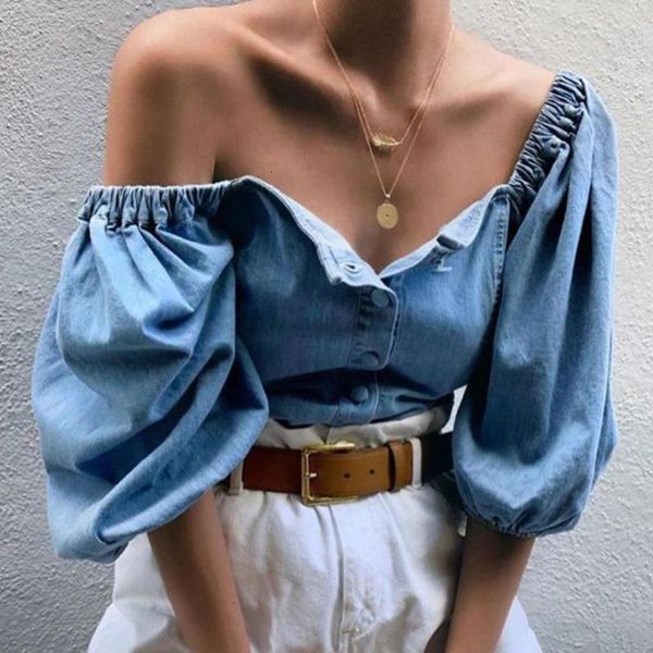 deat 2021 summer new arrivals long lantern sleeve slash neck strapless blue denim blouse women shirt mj169, White
deat 2021 summer new arrivals long lantern sleeve slash neck strapless blue denim blouse women shirt mj169, White