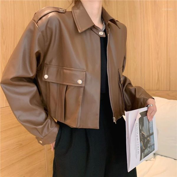 women autumn short jacket restoring long-sleeved pu leather zipper pockets brown black fashion motorcycle coat female women's jackets, Black;brown
women autumn short jacket restoring long-sleeved pu leather zipper pockets brown black fashion motorcycle coat female women's jackets, Black;brown