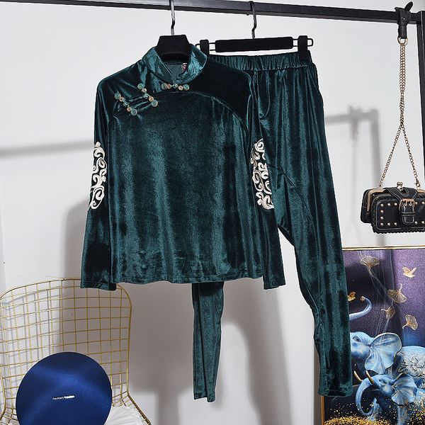 spring autumn loose vintage style gold velvet female sets embroidery flower long sleeve pullover pencil pants 2pc women set 7t9e, Black;brown
spring autumn loose vintage style gold velvet female sets embroidery flower long sleeve pullover pencil pants 2pc women set 7t9e, Black;brown