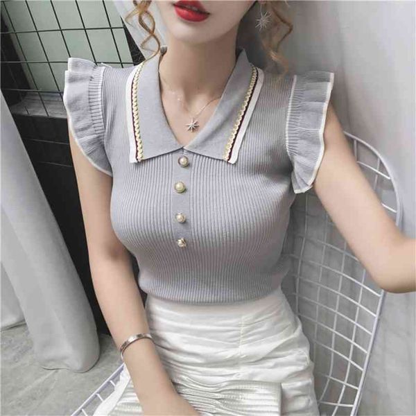 summer fashion korean slim crop women turn-down collar knitted t-shirts sleeveless ruffles t shirt female tee femme 210720, White
summer fashion korean slim crop women turn-down collar knitted t-shirts sleeveless ruffles t shirt female tee femme 210720, White