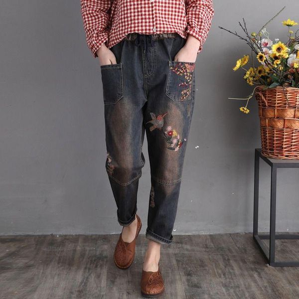 women's jeans spring autumn arts style women elastic waist loose patchwork embroidery vintage ripped cotton denim harem pants s568, Blue
women's jeans spring autumn arts style women elastic waist loose patchwork embroidery vintage ripped cotton denim harem pants s568, Blue