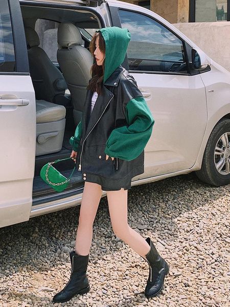women's leather & faux black casual jacket autumn 2021 loose and thin contrast color stitching fake two-piece hooded campera mujer
women's leather & faux black casual jacket autumn 2021 loose and thin contrast color stitching fake two-piece hooded campera mujer