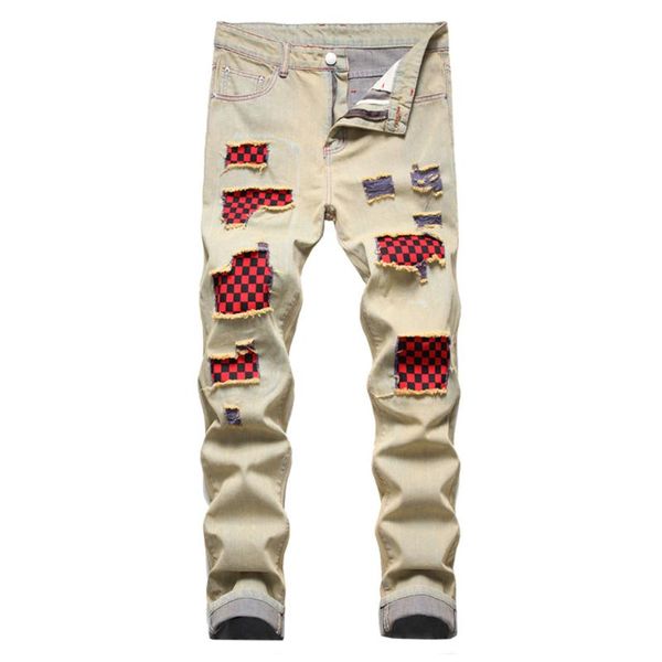 men's jeans red plaid patchwork denim streetwear holes ripped slim straight pants patch design khaki trousers, Blue
men's jeans red plaid patchwork denim streetwear holes ripped slim straight pants patch design khaki trousers, Blue
