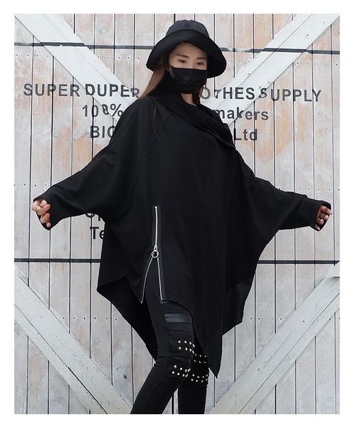 women's t-shirt dark black series large style sleeve head pile collar female personality long irregular, White
women's t-shirt dark black series large style sleeve head pile collar female personality long irregular, White