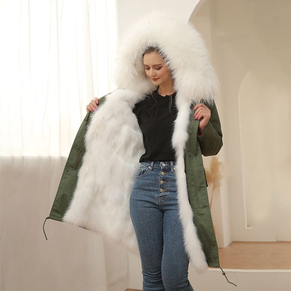 keep warm white raccoon trim collar meifeng brand winter parkas fox fur lining army green long canvas jackets ykk zipper women snow coats, Black
keep warm white raccoon trim collar meifeng brand winter parkas fox fur lining army green long canvas jackets ykk zipper women snow coats, Black