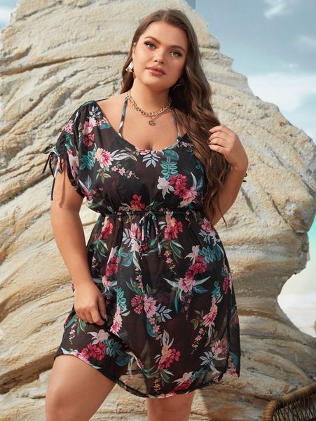 3pack plus floral print triangle bikini swimsuit with cover up l9hy#, Black 
3pack plus floral print triangle bikini swimsuit with cover up l9hy#, Black