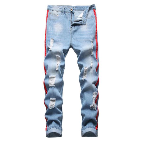 men's jeans red lines patchwork denim streetwear holes ripped slim straight pants blue trousers
men's jeans red lines patchwork denim streetwear holes ripped slim straight pants blue trousers