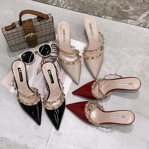 2021 summer pointed patent leather wrap head semi trailer rivet belt high-heeled sandal thin heeled slipper, Black
2021 summer pointed patent leather wrap head semi trailer rivet belt high-heeled sandal thin heeled slipper, Black