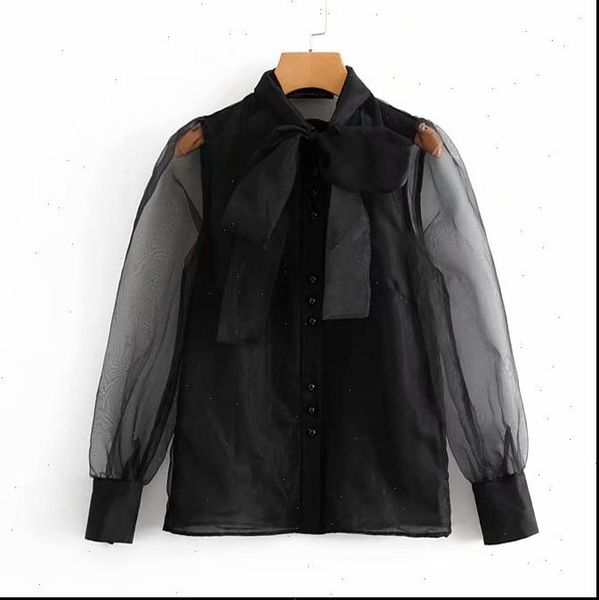 women vintage transparent bow tied collar casual black organza blouse shirt women business feminina blusas chic, White
women vintage transparent bow tied collar casual black organza blouse shirt women business feminina blusas chic, White