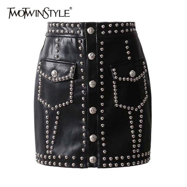 twotwinstyle heavy rivets pu leather skirts high waist single breasted mini skirt for women punk style spring fashion 210310, Black
twotwinstyle heavy rivets pu leather skirts high waist single breasted mini skirt for women punk style spring fashion 210310, Black