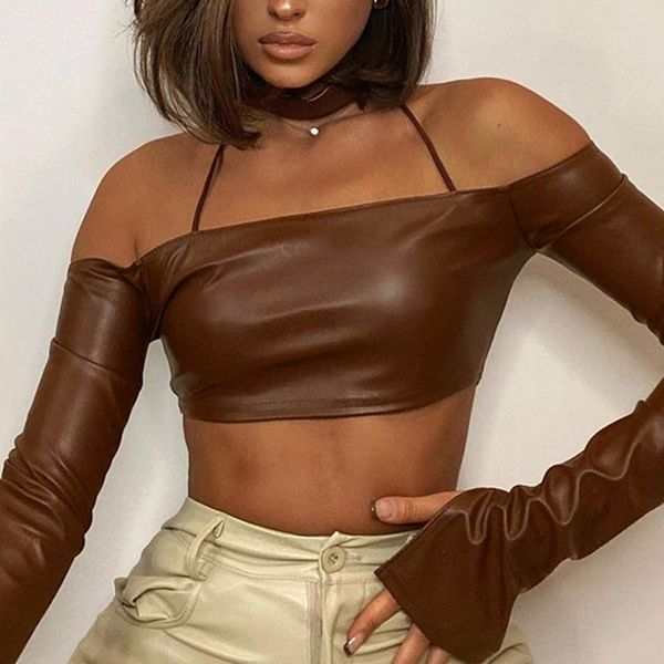 women's t-shirt lady fashion backless halter off shoulder spring women flared sleeves split solid color leather pullover crop top, White
women's t-shirt lady fashion backless halter off shoulder spring women flared sleeves split solid color leather pullover crop top, White