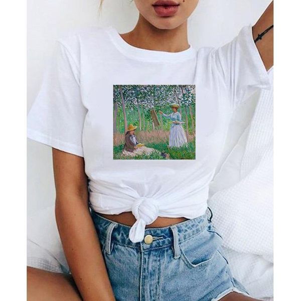 fashion women oil painting t-shirt 90s painting ulzzang casual tees t-shirt female clothes, White