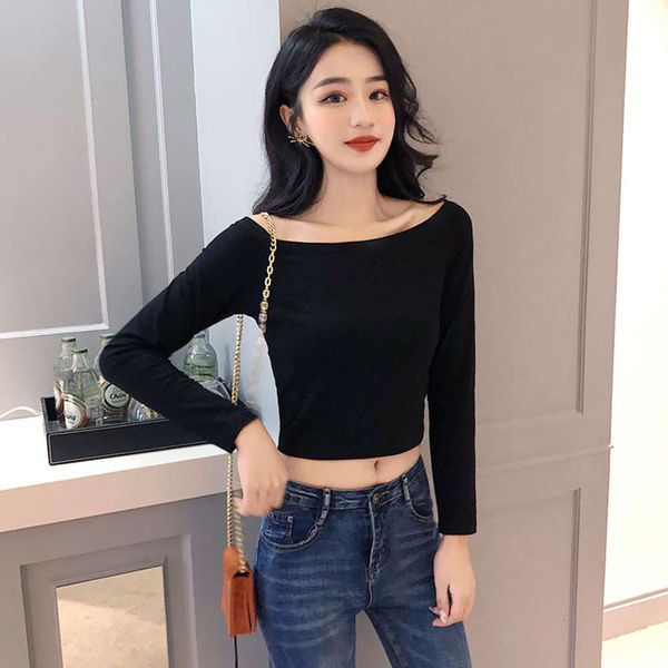 long sleeve black bottomed shirt big collar one line shoulder clavicle leaky back tight exposed navel women's ultra short high, White
long sleeve black bottomed shirt big collar one line shoulder clavicle leaky back tight exposed navel women's ultra short high, White