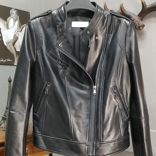 women's leather & faux fashion zipper sleeve long neck short jacket spring autumn sheepskin coat, Black
women's leather & faux fashion zipper sleeve long neck short jacket spring autumn sheepskin coat, Black