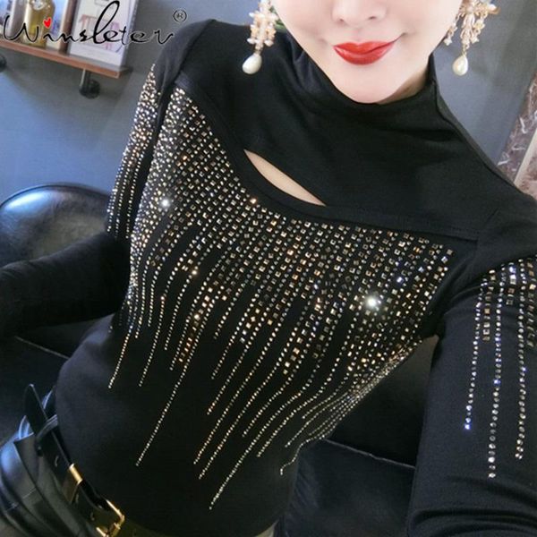 women's t-shirt spring fall european clothes girls mock neck women hollow out shiny diamonds long sleeve tees 2021 t11905a, White
women's t-shirt spring fall european clothes girls mock neck women hollow out shiny diamonds long sleeve tees 2021 t11905a, White