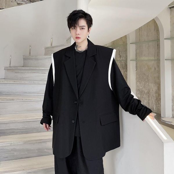 men's vests autumn 2021 men's black cuff patchwork contrast single breasted suit collar loose tide cool vest, Black;white
men's vests autumn 2021 men's black cuff patchwork contrast single breasted suit collar loose tide cool vest, Black;white