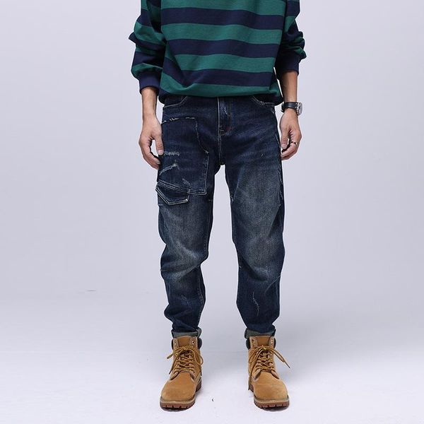 men's jeans american street fashion men retro blue loose fit ripped spliced designer patches hip hop wide leg pants
