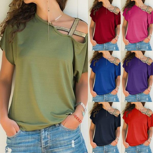 women skew neck t-shirt summer irregular criss cross short sleeves off shoulder solid blusa femme one shoulder shirt, White
women skew neck t-shirt summer irregular criss cross short sleeves off shoulder solid blusa femme one shoulder shirt, White