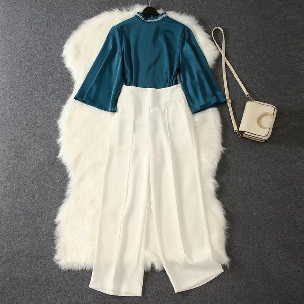 elegant woman pants and blouse set solid beading two piece sets wide leg trousers runway lady suits, White
elegant woman pants and blouse set solid beading two piece sets wide leg trousers runway lady suits, White
