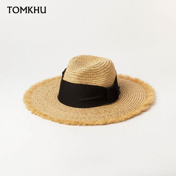wide brim hats panama bow ribbon rafia straw hat handmade jazz for women summer outdoor sunscreen boater beach sun cap cape, Blue;gray