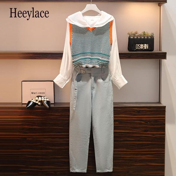 women's two piece pants plus size women office suit 2021 autumn korean long-sleeved shirt and knit vest button denim long sets, White
women's two piece pants plus size women office suit 2021 autumn korean long-sleeved shirt and knit vest button denim long sets, White