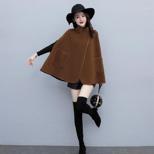 women's wool & blends 2021 fashion solid color poncho women outerwear mid-length woolen coat korean winter loose cloak jacket cape femm, Black
women's wool & blends 2021 fashion solid color poncho women outerwear mid-length woolen coat korean winter loose cloak jacket cape femm, Black