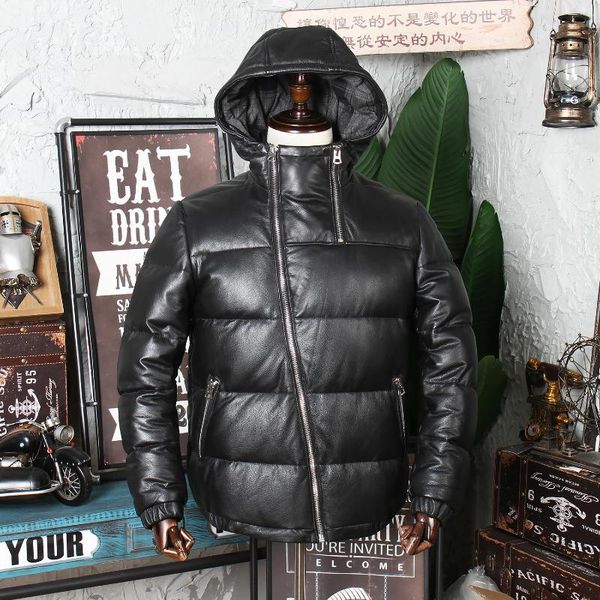 men's leather & faux winter hooded jacket short layer cowhide stand collar leisure thickened warm down, Black
men's leather & faux winter hooded jacket short layer cowhide stand collar leisure thickened warm down, Black