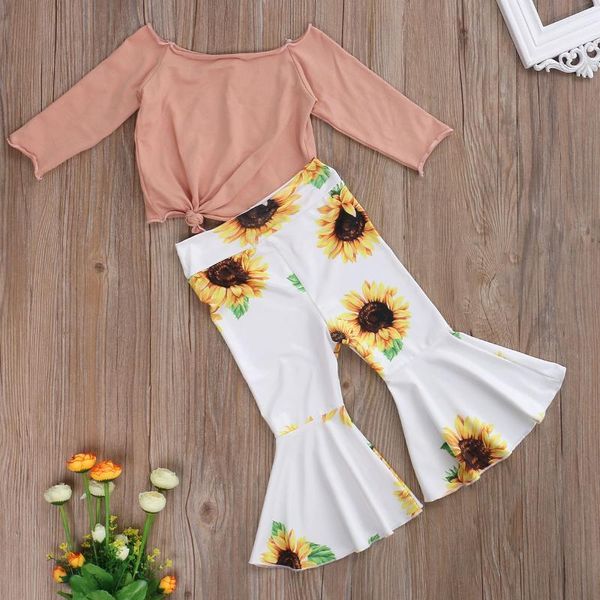 little girls 2 pcs outfit long sleeve off shoulder front knot solid color sunflower bell-bottom long elastic band pants, White
little girls 2 pcs outfit long sleeve off shoulder front knot solid color sunflower bell-bottom long elastic band pants, White
