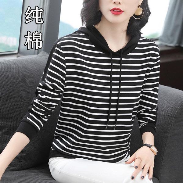 cotton stripe long sleeve hooded t-shirt women's early spring thin loose large size women's undergarment t-shirt, White
cotton stripe long sleeve hooded t-shirt women's early spring thin loose large size women's undergarment t-shirt, White