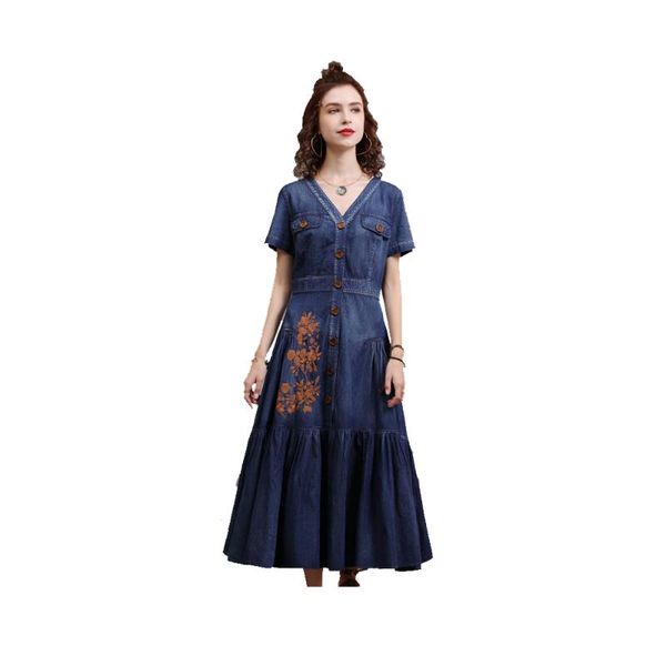 party dresses women v neck short sleeve embroidery single breasted denim dress with pocket pleated lap jeans fs1101, White;black
party dresses women v neck short sleeve embroidery single breasted denim dress with pocket pleated lap jeans fs1101, White;black