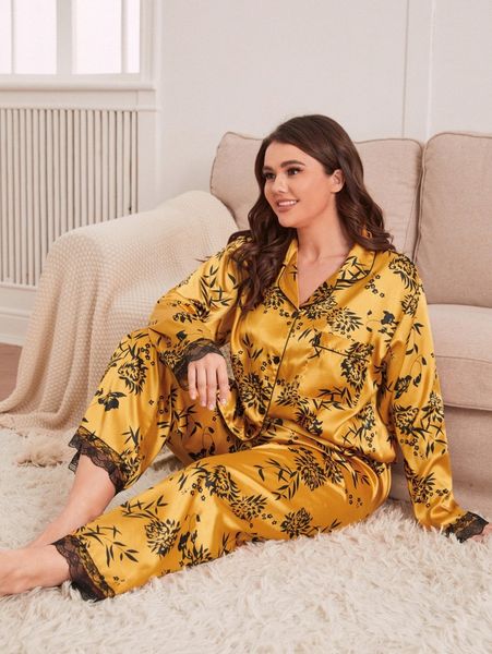 plus plant print contrast lace satin blouse & pants pj set g6t0#, Black;white
plus plant print contrast lace satin blouse & pants pj set g6t0#, Black;white