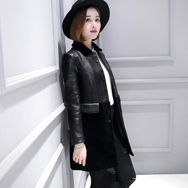 women's leather & faux sheepskin jacket women autumn winter coat female long sheep shearling jackets chaqueta mujer kj705, Black
women's leather & faux sheepskin jacket women autumn winter coat female long sheep shearling jackets chaqueta mujer kj705, Black