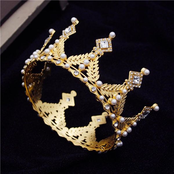 hair clips & barrettes baroque rhinestone pearls leaves circle bride diadem round wedding headdress prom cake crown tiaras jewelry ornament, Golden;silver