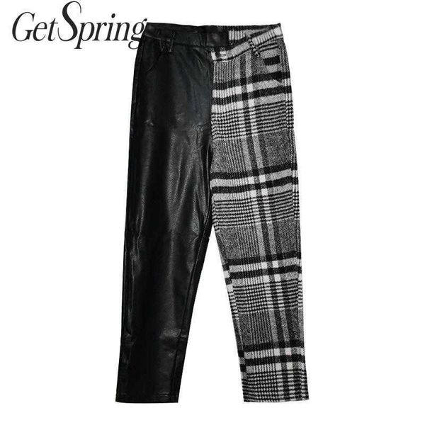 getspring women pant color matching pu leather patchwork plaid high waist pants asymmetry ankle-length 210601, Black;white
getspring women pant color matching pu leather patchwork plaid high waist pants asymmetry ankle-length 210601, Black;white