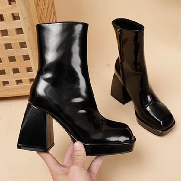 boots termainoov women high heels hoof heel patent leather ankle witer plush warm shoes platform chunky square toe, Black
boots termainoov women high heels hoof heel patent leather ankle witer plush warm shoes platform chunky square toe, Black