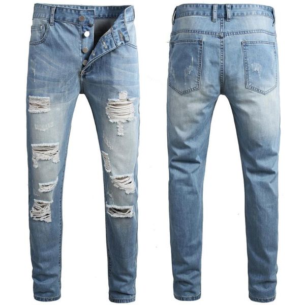 men's jeans trouser pants men denim button clothing casual long pocket streetwear straight hole pantalones con correas, Blue
men's jeans trouser pants men denim button clothing casual long pocket streetwear straight hole pantalones con correas, Blue