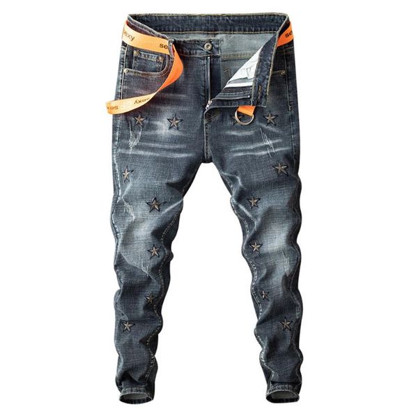 men's jeans stars embroidery denim trendy slim stretch pencil pants ripped trousers, Blue
men's jeans stars embroidery denim trendy slim stretch pencil pants ripped trousers, Blue